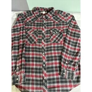 Duke Haband Mens Plaid Flannel Shirt Western Style Snap Button Front Red Gray L‎